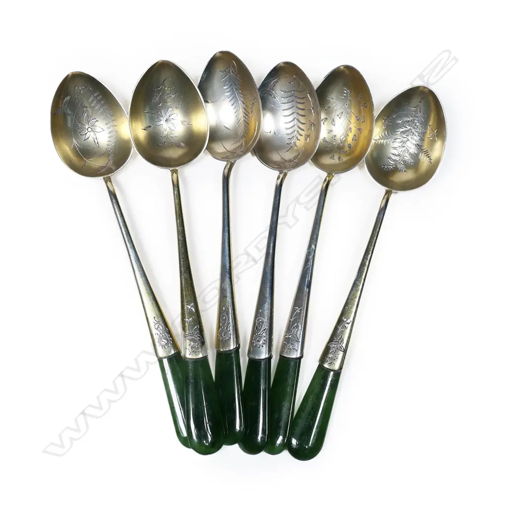 Adolph Kohn (Auckland) set of six silver and pounamu teaspoons, Image 1++